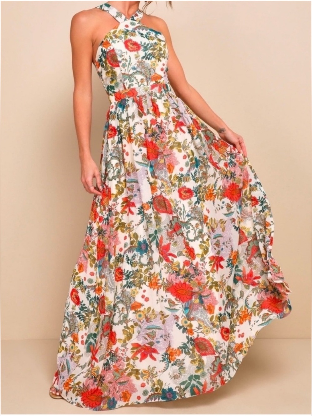 Sold out nwt Lulu's Floral Crossback Maxi Dress in Ivory with Multicolor Blooms